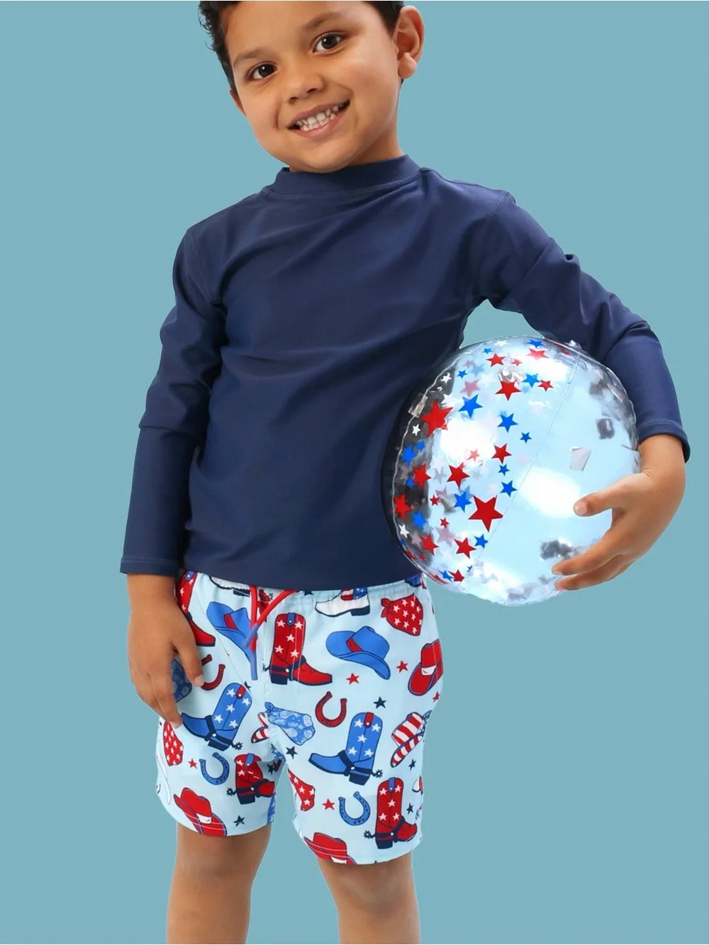 Ruggedbutts Boys Light Blue Spurs Cowboy Print Swim Trunks 2T